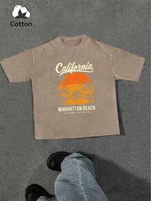 Plus Size Men's Casual Summer Beach Sunset Palm Tree Print Round Neck Washed T-Shirt - Camel - View 1