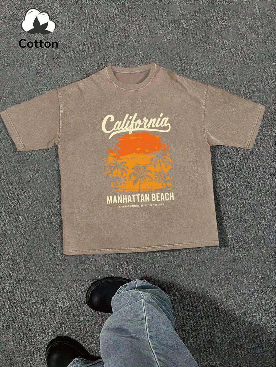 Plus Size Men's Casual Summer Beach Sunset Palm Tree Print Round Neck Washed T-Shirt - Camel - View 1