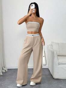 Luminelle Conjunto de top bandeau y pantalones de pierna ancha para mujeres con diseño de bloques de color - Albaricoque 2 - Ver 10