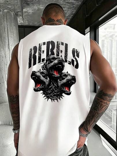 YUNCHIC American Street Style REBELS Letter & Rottweiler Graphic Sleeveless Tank Top, Streetwear, Casual, Youth, Minimalist, Campus, Retro, Versatile, Textured, Elegant, Personalized, Sporty