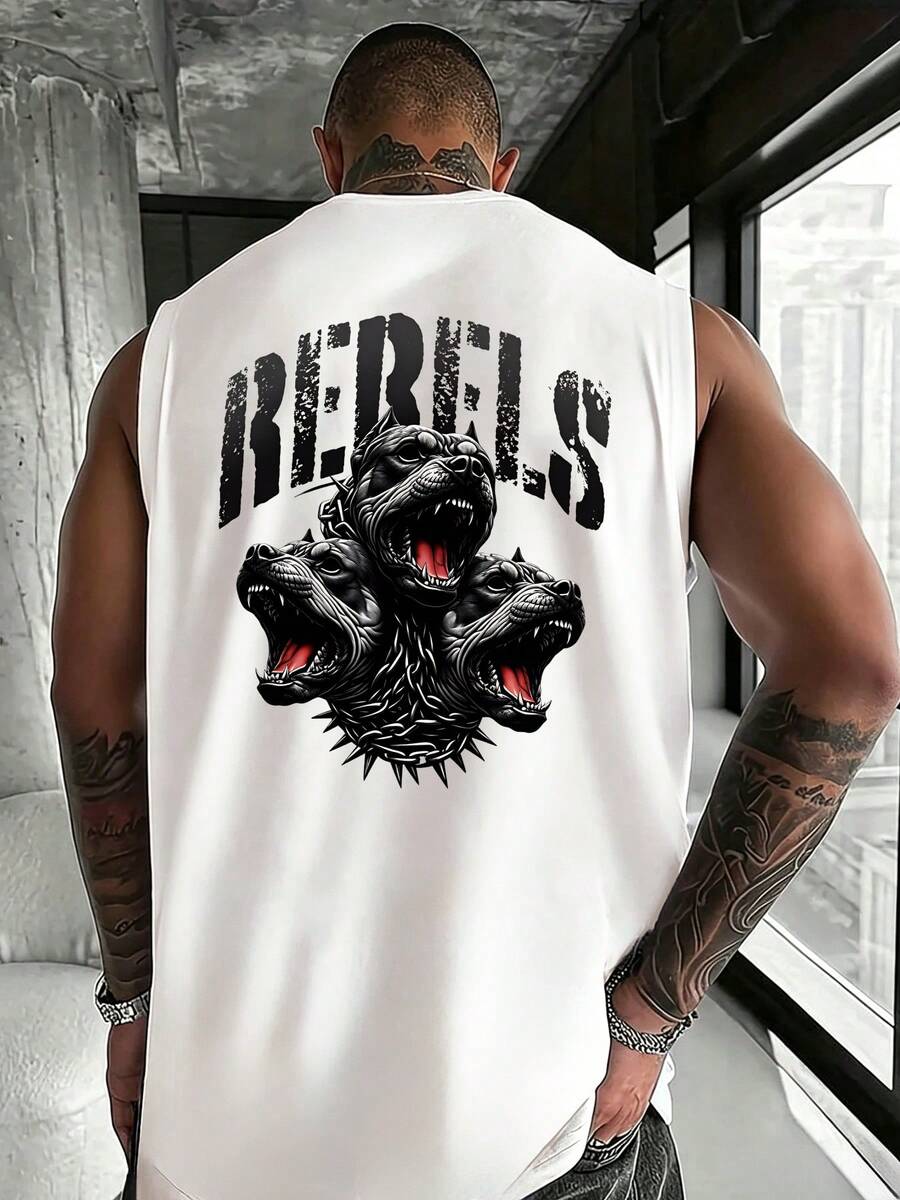 Áo tank top không tay YUNCHIC phong cách đường phố Mỹ, họa tiết chữ REBELS và hình chó Rottweiler, thời trang đường phố, thường ngày, trẻ trung, tối giản, học đường, cổ điển, đa năng, có chất liệu, thanh lịch, cá tính, thể thao. - trắng - Xem 1