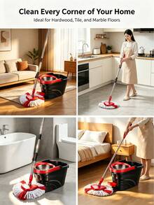 1 Set Spin Mop And Bucket With Foot Pedal Wringer, 360° Rotating Mop System With 4 Microfiber Mop Heads, 135cm Extended Handle Spinning Mop For Floor Cleaning, Red & Black Household Cleaning Supplies - 1個拖把桿+1個腳拖把桶子+4個拖把布 - 查看 2