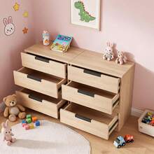 Moderne Kommode mit 4 Schubladen  – Holzoptik, eingebaute Griffe, stabile Konstruktion – Breite Ablagefläche, verstärkte MDF-Spanplatte – Kippschutz inklusive – Für Schlafzimmer, Flur - Holz - Übersicht 1