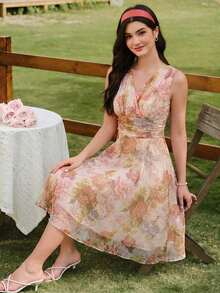 Vestido de mujer elegante y vintage con estampado de rosas y cuello en V de organza, para vacaciones, fiestas, verano, festivales, bodas, graduaciones, bailes de graduación, ceremonias, cumpleaños y ocasiones formales. Vestido elegante de color rosa para fiestas y vacaciones. - Albaricoque - Ver 1