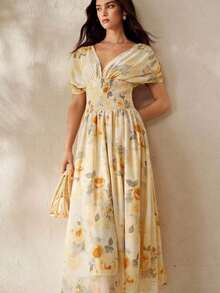 Vestido de línea A con cintura fruncida, estampado floral de rosa con efecto tie-dye amarillo, de gasa, elegante y romántico, versátil para mujer, primavera/verano - Multicolor - Ver 7