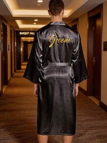 男士奢华新郎婚礼睡袍，镀金滚边金色字母长袖睡衣外套，优雅婚礼派对节日生日礼物 - 深灰色 - 查看 8