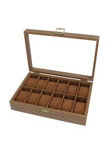 3/6/10/12 Grid Wooden Watch Storage Box With Glass Lid, Walnut Wood Watch Display Storage Box, Dust-Proof Velvet Lining, Men's And Women's Watch Collection Box, Birthday Christmas Gift - Walnut Wood - Inner Brown - View 9
