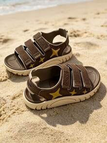 Boys' New Comfortable Hook And Loop Star Decor Children Sandals, Large Size Student Flat Beach Shoes, Suitable For Spring & Summer - Khaki - View 3