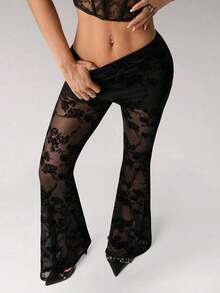 ICON Pantalones acampanados de talle bajo con encaje, de uso elegante y de moda para mujer, inspirados en el estilo y Y2K - Negro 3 - Ver 5