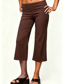 Women's Capri Pants Fold Over Waistband Stylish Solid Color Low Rise Wide Leg Cropped Pants - Marrón - Ver 4