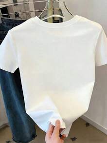 Camiseta casual de mujer de manga corta con cuello redondo, estampado de letras y flores de cerezo de verano - Blanco - Ver 2