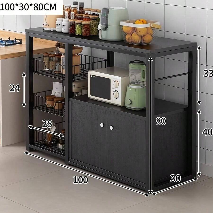 Schwarzer Küchenschrank mit Mikrowellenregal, Küchenbäckereiregal, Kaffeebar, Mikrowellenständer, mit Stahlrahmen, Drahtkorb, 6 Haken, 100,0x30,0x80,01 cm, Schwarz - Schwarz 100 Cm/39,37 Zoll - Übersicht 1