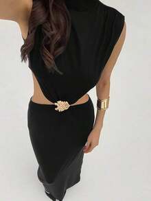 xheAloruh Vestido de mujer con diseño floral calado y diseño de cintura sexyxhe - Negro - Ver 4