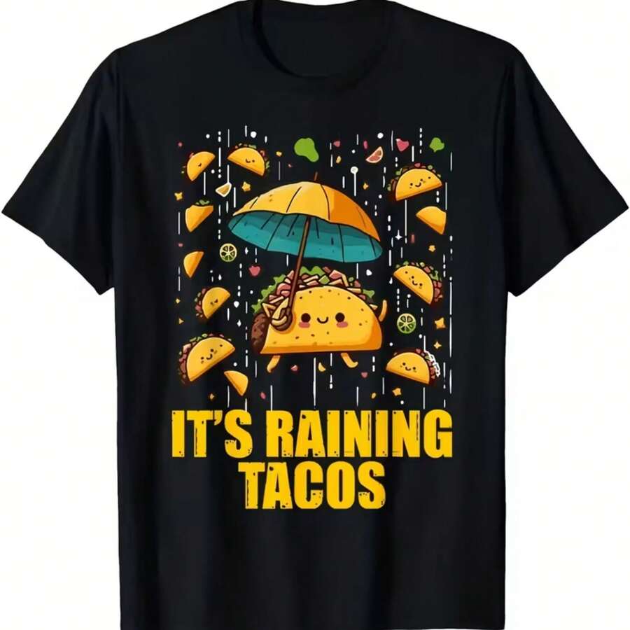Camiseta Gráfica Divertida Está Lloviendo Tacos para Niños - Estilo Callejero Transpirable de Manga Corta, Ideal para PrimaveraVeranoOtoño, Cuello Redondo, Ligera y Cómoda, Camiseta de Verano Camiseta con Diseñ - Negro - Ver 1