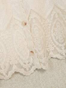 Bohemian Style V-Neck Puff Sleeve Lace Front Button Ruffle Trim Casual Blouse - Summer Loose Shoulder Cover - Apricot - View 10