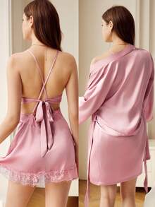Spring/Summer Women's Lotus Pink Satin Lace Pajama Set, Country Style, Camisole Nightgown + Robe 2-Piece Set, Backless Lace-Up Design, Smooth Skin-Friendly Sexy Loungewear, Ritual Pajamas - Dusty Pink - View 5