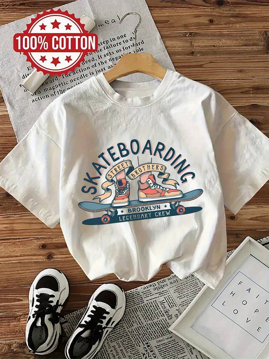 Women's Casual Summer T-Shirt With Skateboarding Theme, Round Neck And Short Sleeve, 100% Cotton, 220g Thick Cotton. - 白色 - 查看 1