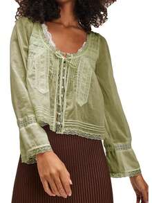 Women's Lace Trim Long Sleeve Blouse Scoop Neck Tie Front Pleated Sheer Flowy Peasant Top Victorian-Inspired Cropped Shirt with Bell Cuffs for Boho Cottagecore Styling Layering  Everyday Feminine Outfits - Verde Oliva - Ver 2