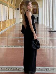 Vestido nueva llegada unicolor hombro único con cintas largas, estilo elegante y delicado - Negro - Ver 3