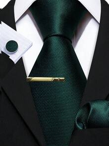 4PCS Men's Dark Green Tie Set – Matching Pocket Square, Cufflinks & Gold Tie Clip, Classic Formal Necktie For Business Wear - Green - View 1