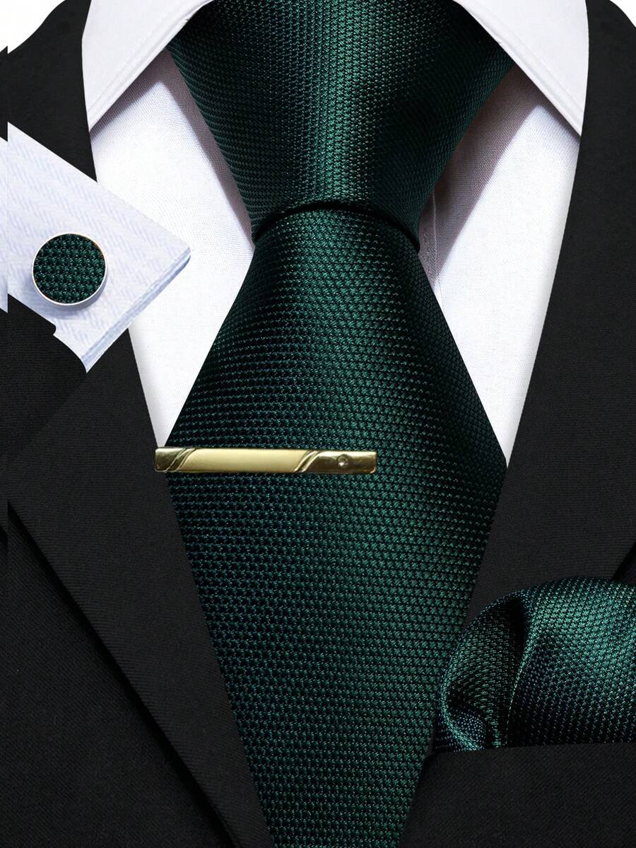 4PCS Men's Dark Green Tie Set – Matching Pocket Square, Cufflinks & Gold Tie Clip, Classic Formal Necktie For Business Wear - Green - View 1
