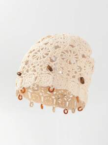 1 chiếc mũ len móc hạt gỗ thủ công cho nữ, mũ beanie dệt mỏng rỗng, phù hợp phong cách Bohemian, đi biển, mặc hàng ngày vào mùa xuân & mùa thu - A - Xem 3