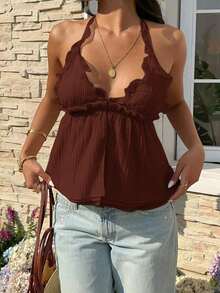 Top de tirantes con cuello halter y volantes de unicolor para mujer - Marrón - Ver 4