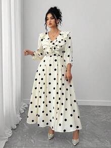 Vestido largo de manga larga con cuello en V, volantes y estampado de lunares, talla grande, para mujer - Multicolor - Ver 5