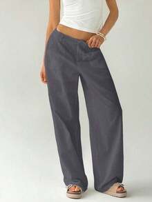 Pantalones rectos de cintura baja de algodón lavado de estilo casual para mujer en tono camello - Gris Oscuro - Ver 8