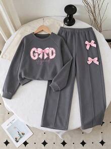 Girls' Fashion Gray Letter Print Crew Neck Long Sleeve Top And Wide Leg Pants With Bow Decor, Autumn/Winter - Dark Grey - View 1