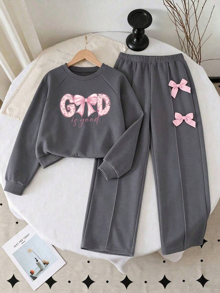 Girls' Fashion Gray Letter Print Crew Neck Long Sleeve Top And Wide Leg Pants With Bow Decor, Autumn/Winter - Dark Grey - View 1