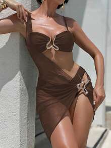 Swim  Set de 3 piezas de traje de baño vintage negro de mujer: Top de bikini tipo halter, falda asimétrica de malla y vestido de baño sexy con acento de metal decorativo para vacaciones en la playa - Café integral - Ver 4