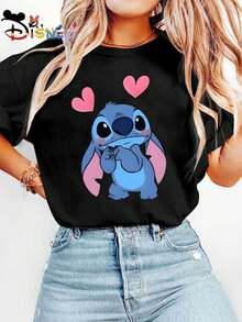 Disney Stitch Shy Sweetheart Style: Stitch Shy Pout + Pink Heart Design Short-Sleeve T-Shirt, Ribbed Collar With Piping, Double Shoulder Seams, Wash-Resistant And Shape-Retaining, Women's Sports Short-Sleeve T-Shirt Suitable For Spring. - 黑色 - 查看 5