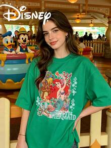 Disney Mermaid Ariel Printed Women's Casual T-Shirt, Round Neck Short Sleeved Design, Fashionable Top, Suitable For Daily Leisure And Gift Giving. - 綠色 - 查看 1