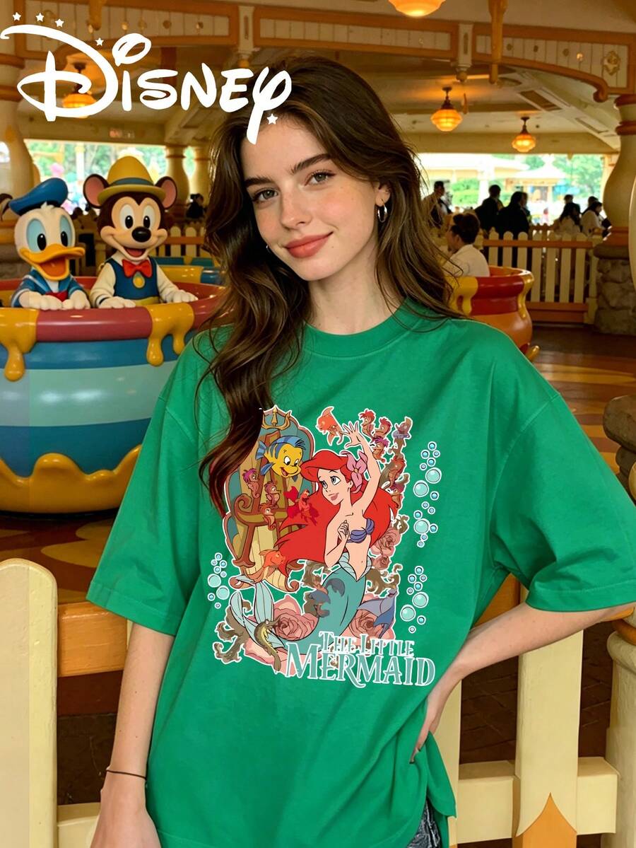 Disney Mermaid Ariel Printed Women's Casual T-Shirt, Round Neck Short Sleeved Design, Fashionable Top, Suitable For Daily Leisure And Gift Giving. - 綠色 - 查看 1