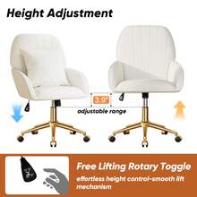 Vanity Chair With Wheels & Pillow In Velvet, Home Computer Chairs For Indoor, 360°Swivel Office Chair Adjustable Height  Modern Office Cute Desk Chair With Back & Gold Base For Makeup Room - 白色 - 查看 3