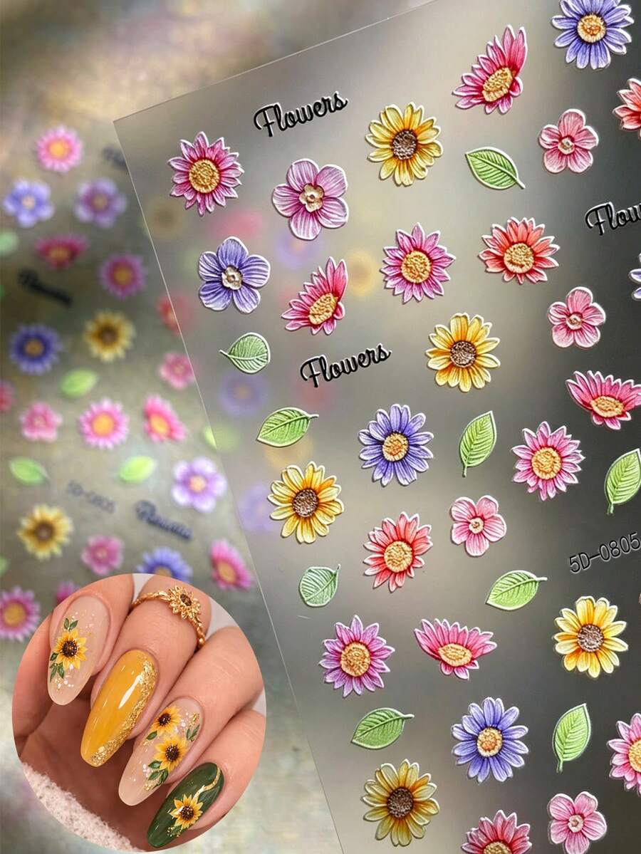 5D立体向日葵雏菊美甲贴纸，1张彩色花卉绿叶自粘美甲贴，夏季可爱花朵美甲用品，适合女性和女孩，DIY美甲装饰，日常/派对/海滩度假皆宜