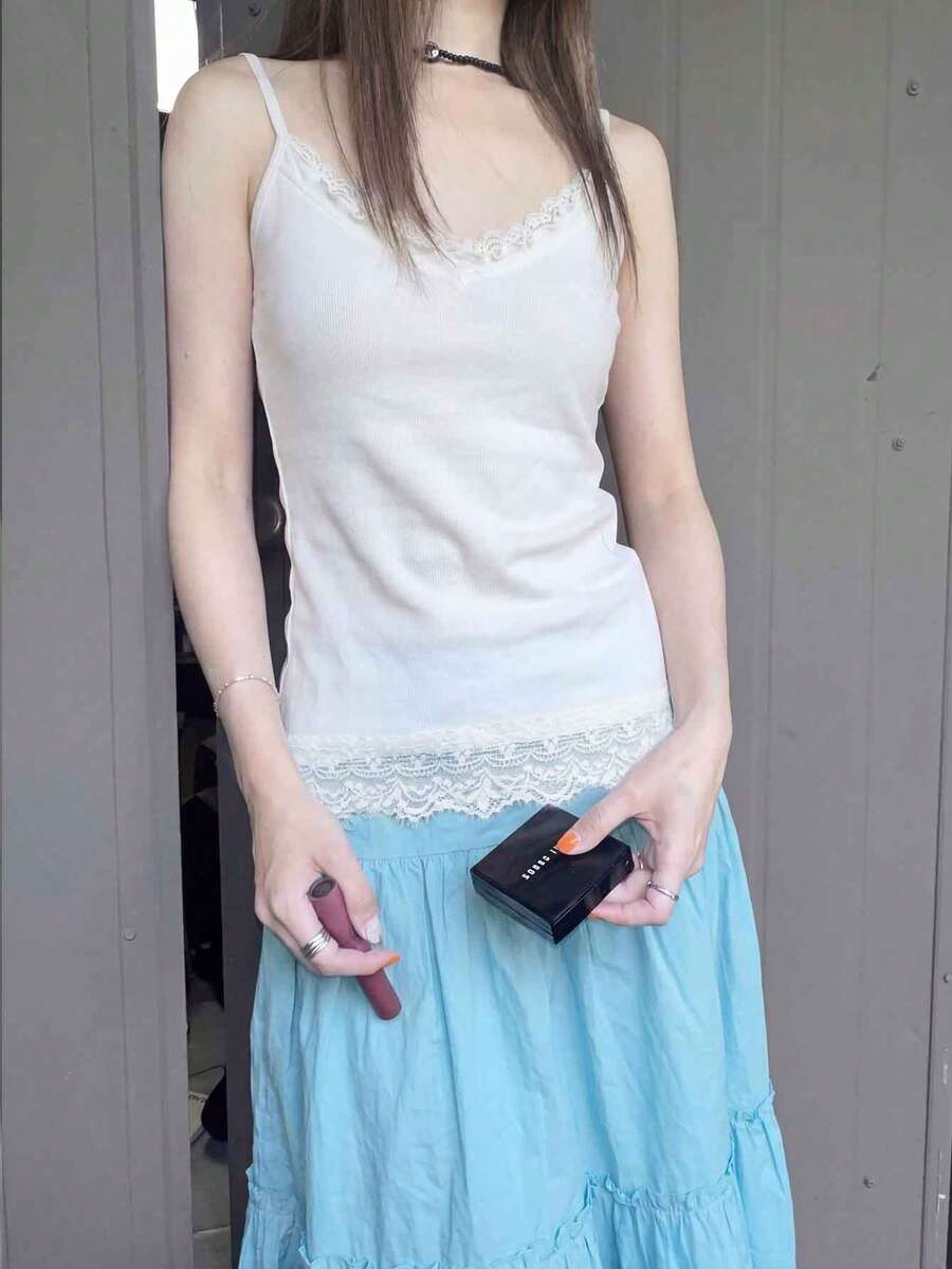 女款蕾絲荷葉邊飾吊帶背心休閒白色夏季 - 白色 - 查看 1
