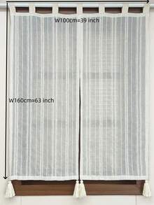 1件波希米亞風垂直條紋亞麻透視門簾,附流蘇,自然鄉村風濾光隱私窗簾,適用於廚房、浴室、臥室小窗,掛環式頂部,家居裝飾 - 米色 - 查看 5