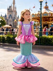 5 Stücke/Set Mädchen Meerjungfrau Rosa ärmelloses Blume Muster Kleid, Krone, Zauberstab, Handschuhe Prinzessin Kostüm Set, Kinder Party Karnevals Outfit - Pink - Übersicht 2