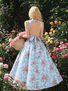 MOD Vestido con estampado floral romántico, espalda abierta y lazo - Azul - Ver 2