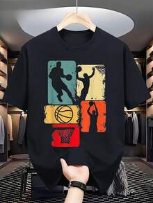Camiseta de Polyester gráfica retro de baloncesto hombres - Camiseta negra de manga corta con siluetas de jugadores vibrantes y diseño deportivo, camiseta casual de ajuste regular  Polyester  gimnasio, actividades al aire libre, primavera verano - Negro - Ver 1