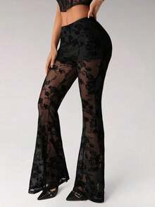 ICON Pantalones acampanados de talle bajo con encaje, de uso elegante y de moda para mujer, inspirados en el estilo y Y2K - Negro 3 - Ver 3