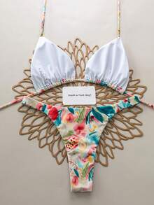 2pcs/Set Summer Women Sexy Backless Leaf Print Bikini Swimwear, Suitable For Beach, Resort, Stage And Concert Vacation - Multicolor - View 2