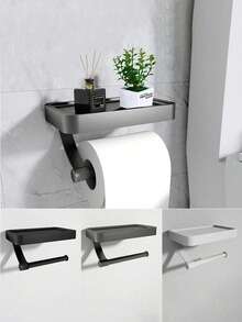 1pc Wall-Mounted Toilet Paper Holder With Phone Storage Shelf, Self-Adhesive No-Drill Waterproof Toilet Paper Rack, Multi-Function Bathroom Storage Shelf For Phone And Small Items, Space-Saving Home And Hotel Bathroom Daily Storage Accessory - Multicolor - View 5