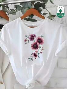 Camiseta Casual para Mujer, Top Deportivo de Manga Corta para Uso Diario, Estampada con un Ramo Floral Morado y Hojas Verdes, Ideal para Salir de Vacaciones - Verde - Ver 5