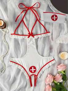 2pcs White Women's Lingerie Bodysuit Halloween Naughty Maid Nurse Cosplay Costume Lingerie Nightclub Sexy Lingerie Women Lingerie Intimate Apparel Sexy Underwear Lingerie Set  Bodysuit,Teddy Lingerie Open Crotch Bodysuit Backless Bodysuitt  Lingerie - 白色 - 查看 5