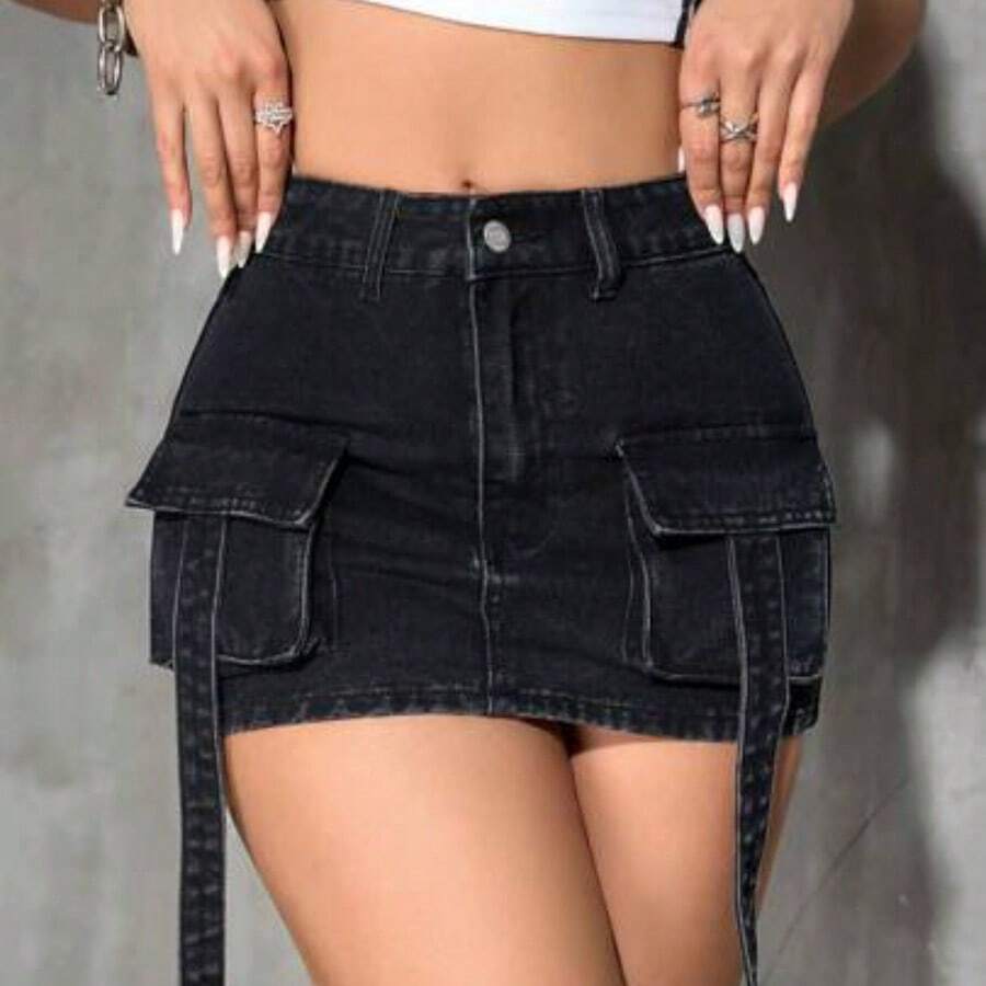 YijiaNvz PETITE Falda vaquera informal tipo línea A con bolsillos cargo para mujer - Negro01 - Ver 1