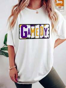 Women's Retro Purple Gold Game Day T-Shirt, Vintage Team Spirit Tee, Clothing For Football, Basketball, And Baseball Fans, 100% Cotton, Short Sleeve, Crew Neck, Distressed Graphic Design, Gift For Sports Lovers For Men W-1 Casual Blouses For Women - 白色 - 查看 3