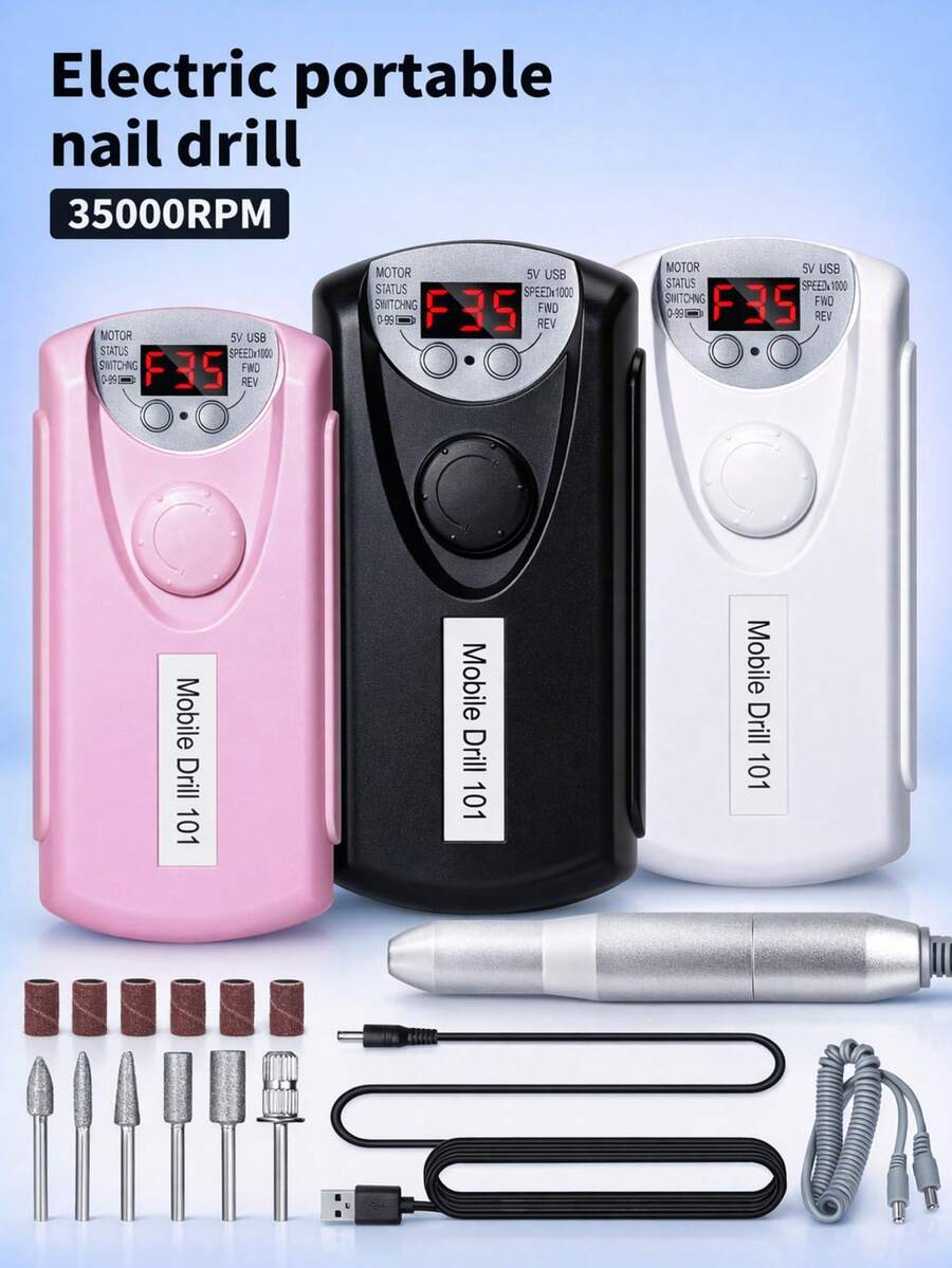 LIMEGIRL 專業 35,000 RPM 充電式電動指甲磨機,便攜式無線指甲锉附 LCD 顯示螢幕,含 6 個指甲磨頭,專業美甲與足部修護拋光工具,適用於居家與美髮沙龍 - 彩色 - 查看 1